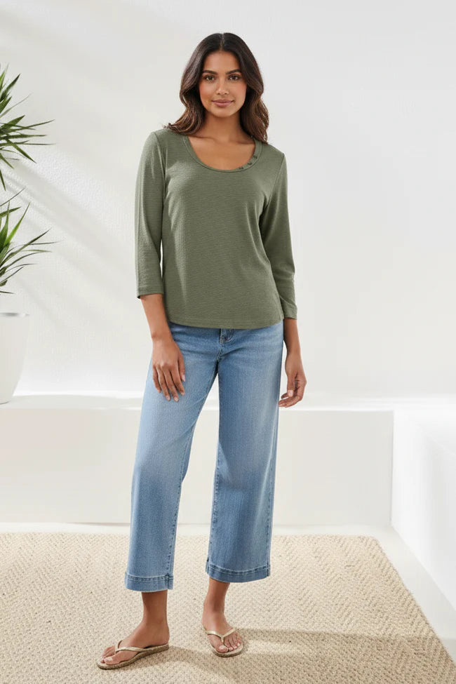 3/4 SLEEVE SCOOP NECK TOP WITH BUTTONS-MOSS