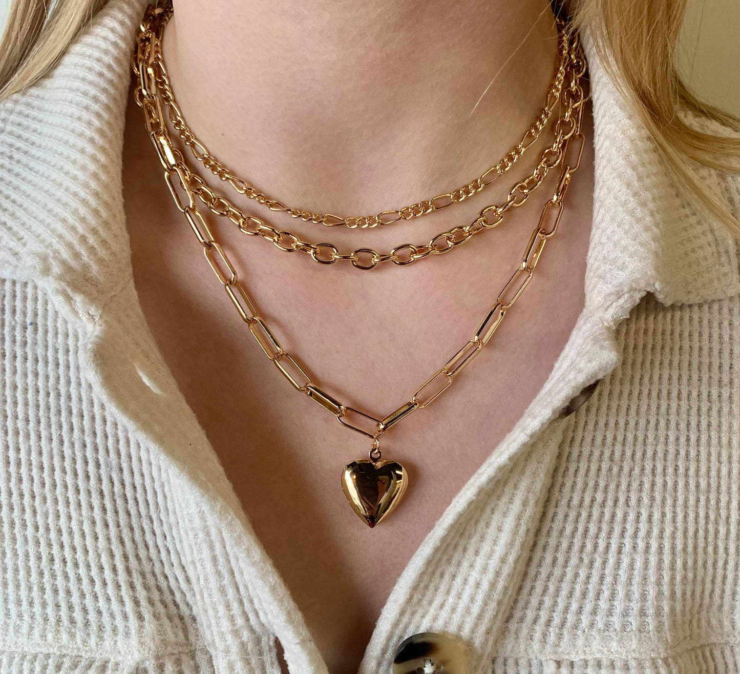 Heart Locket Link Necklace-Gold