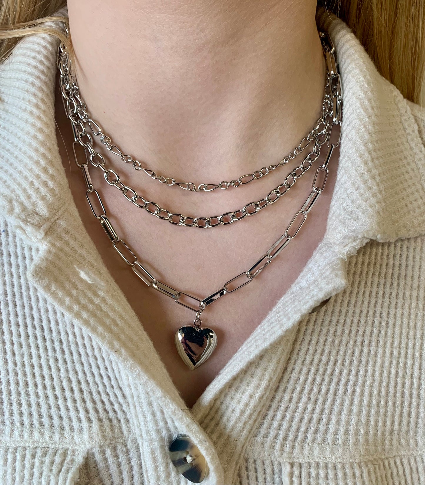 Heart Locket Link Necklace-Silver