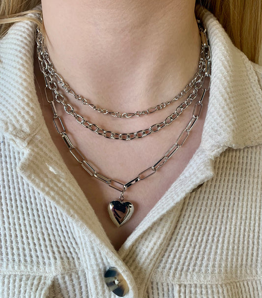 Heart Locket Link Necklace-Silver