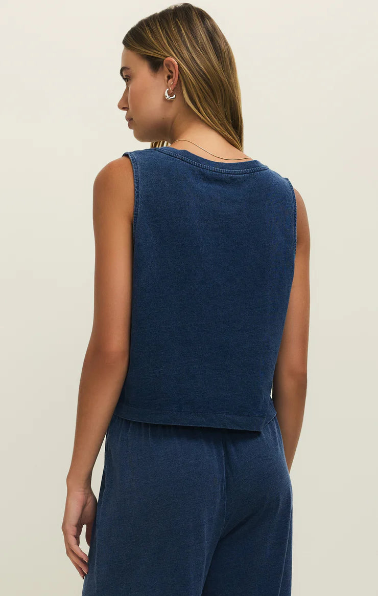 SLOANE V-NECK JERSEY DENIM TOP-INDIGO