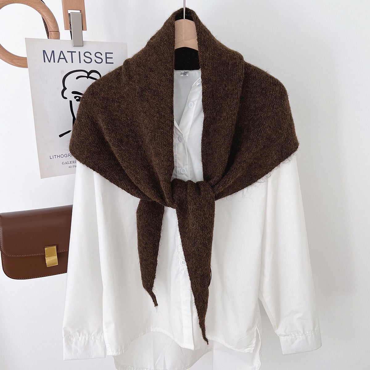 Soft Knit Triangle Scarf -Brown