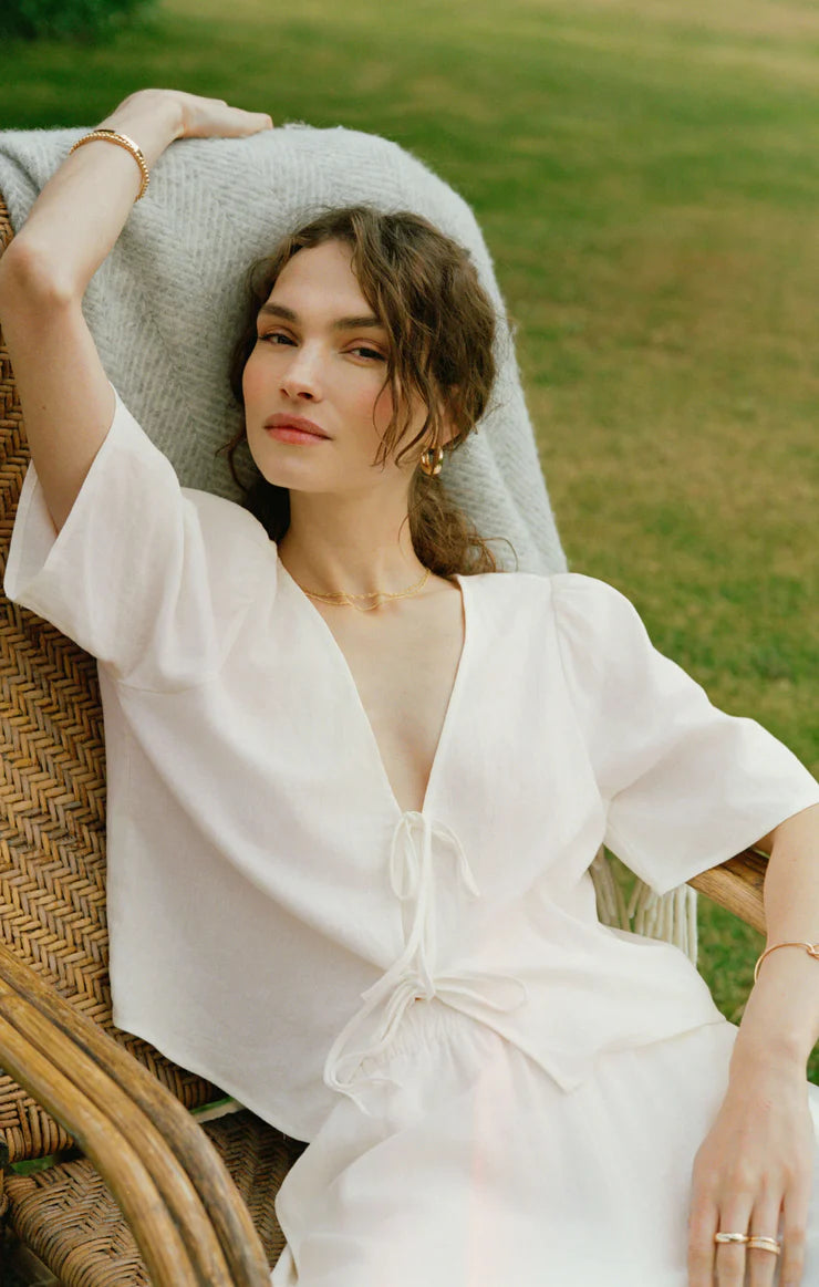 LA BELLE LINEN CROPPED TOP-WHITE