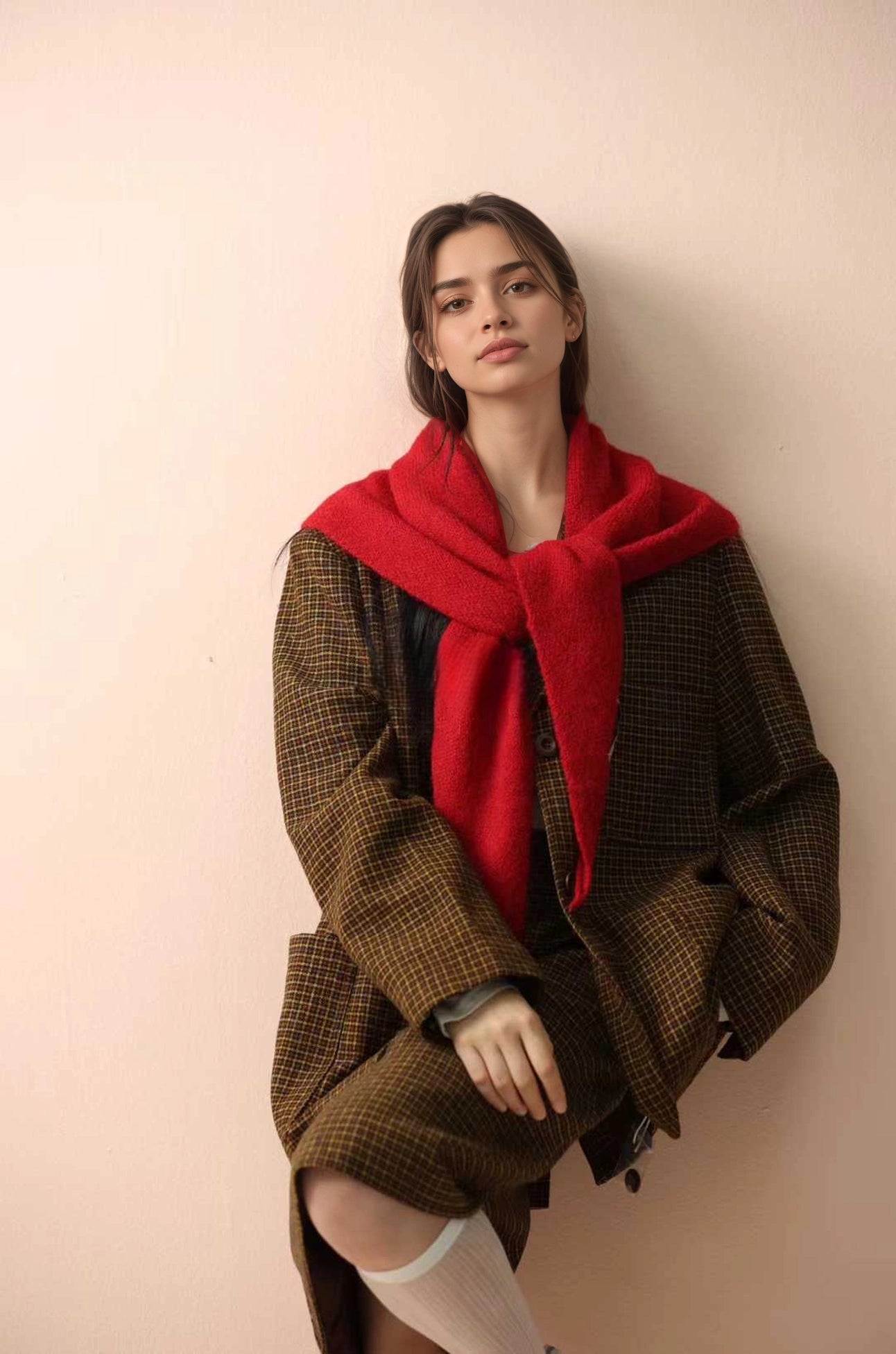 Soft Knit Triangle Scarf -Red