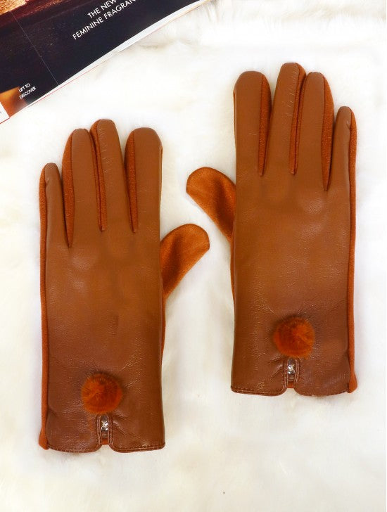 Touch Screen Gloves/Pom Pom-Tan