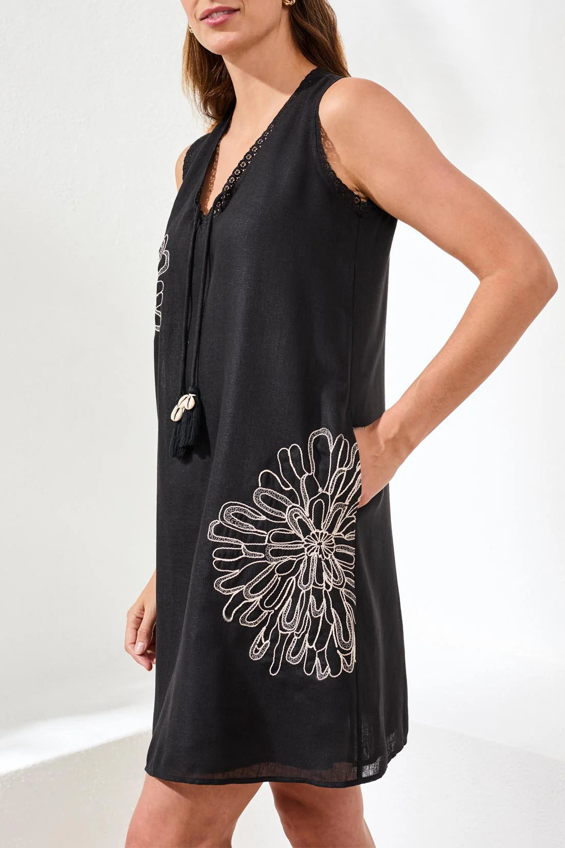 Sleeveless V Neck Dress W/Embroidery Detail