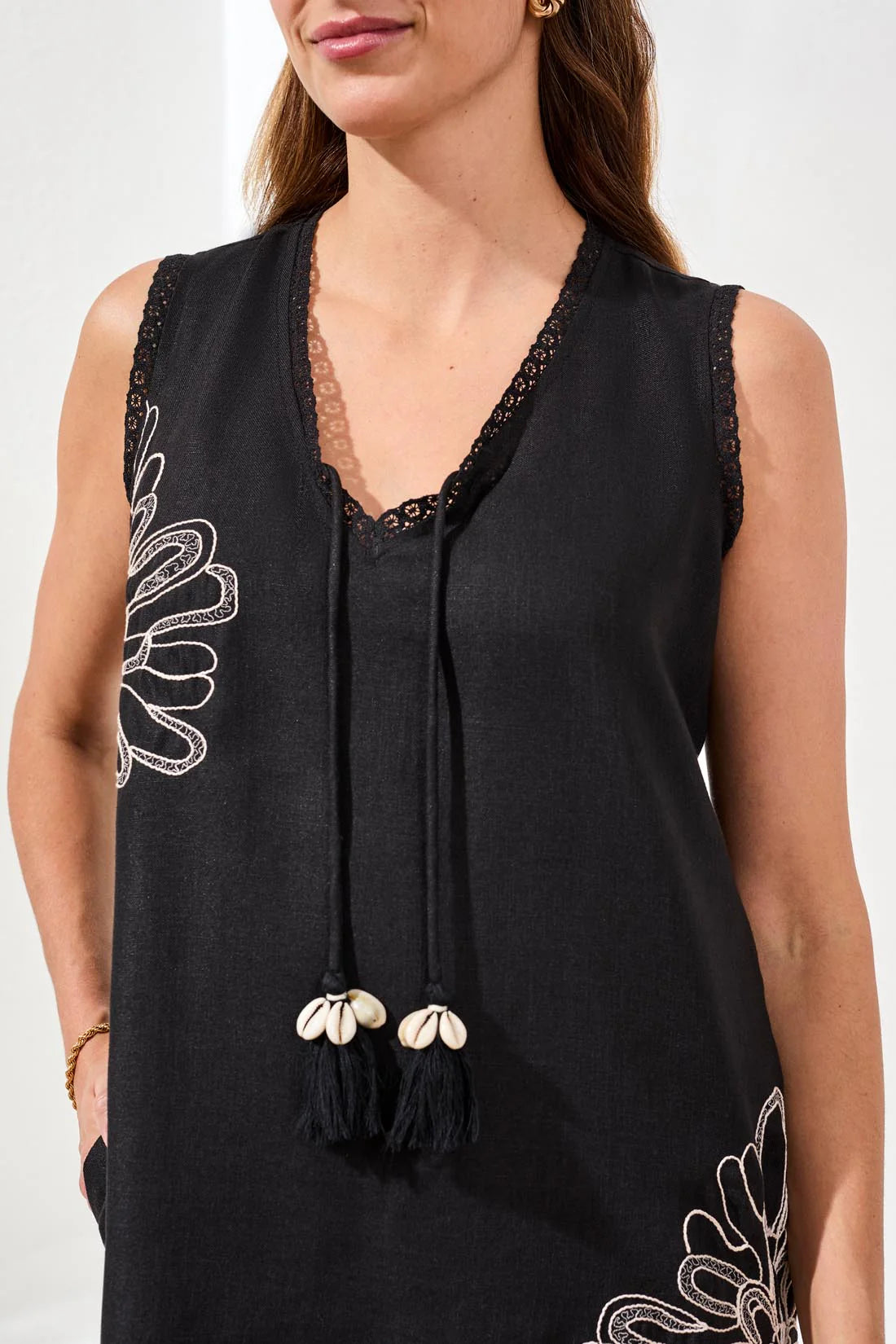 Sleeveless V Neck Dress W/Embroidery Detail