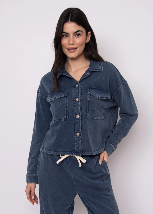 Nara French Terry Button Up-Denim Blue