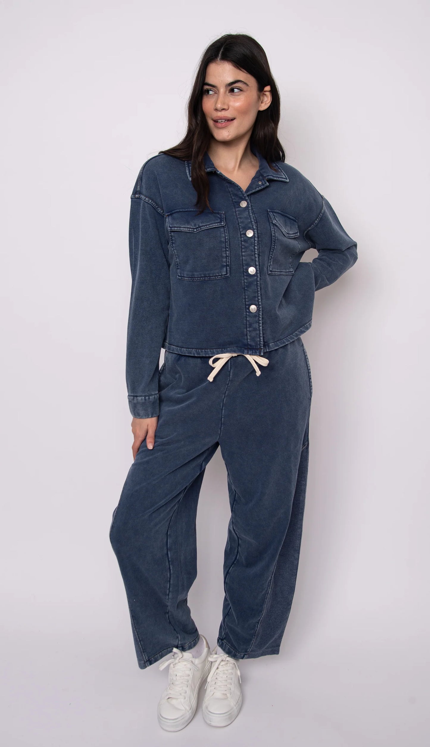 Nara French Terry Button Up-Denim Blue