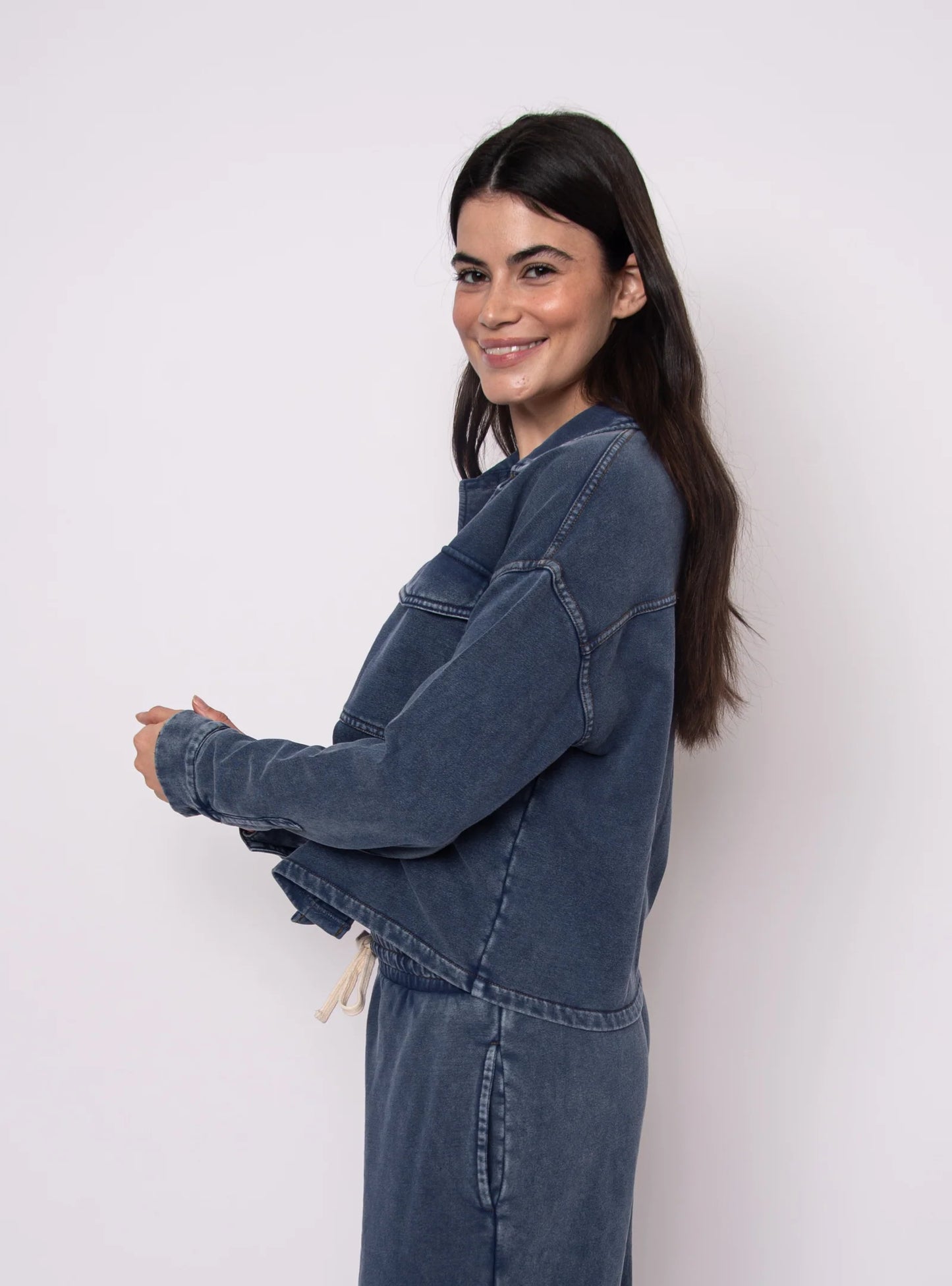 Nara French Terry Button Up-Denim Blue