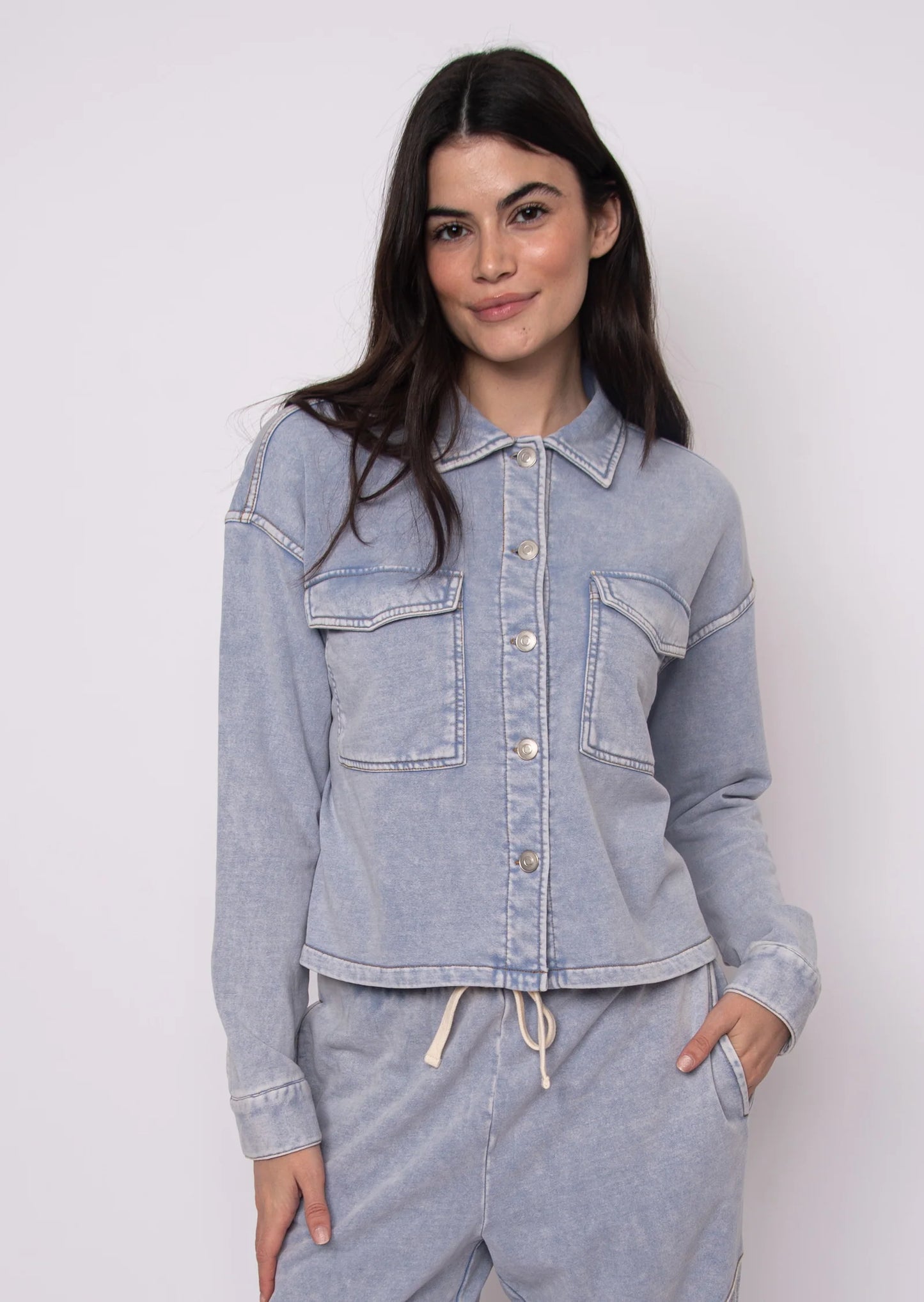 Nara French Terry Button Up-Light Blue