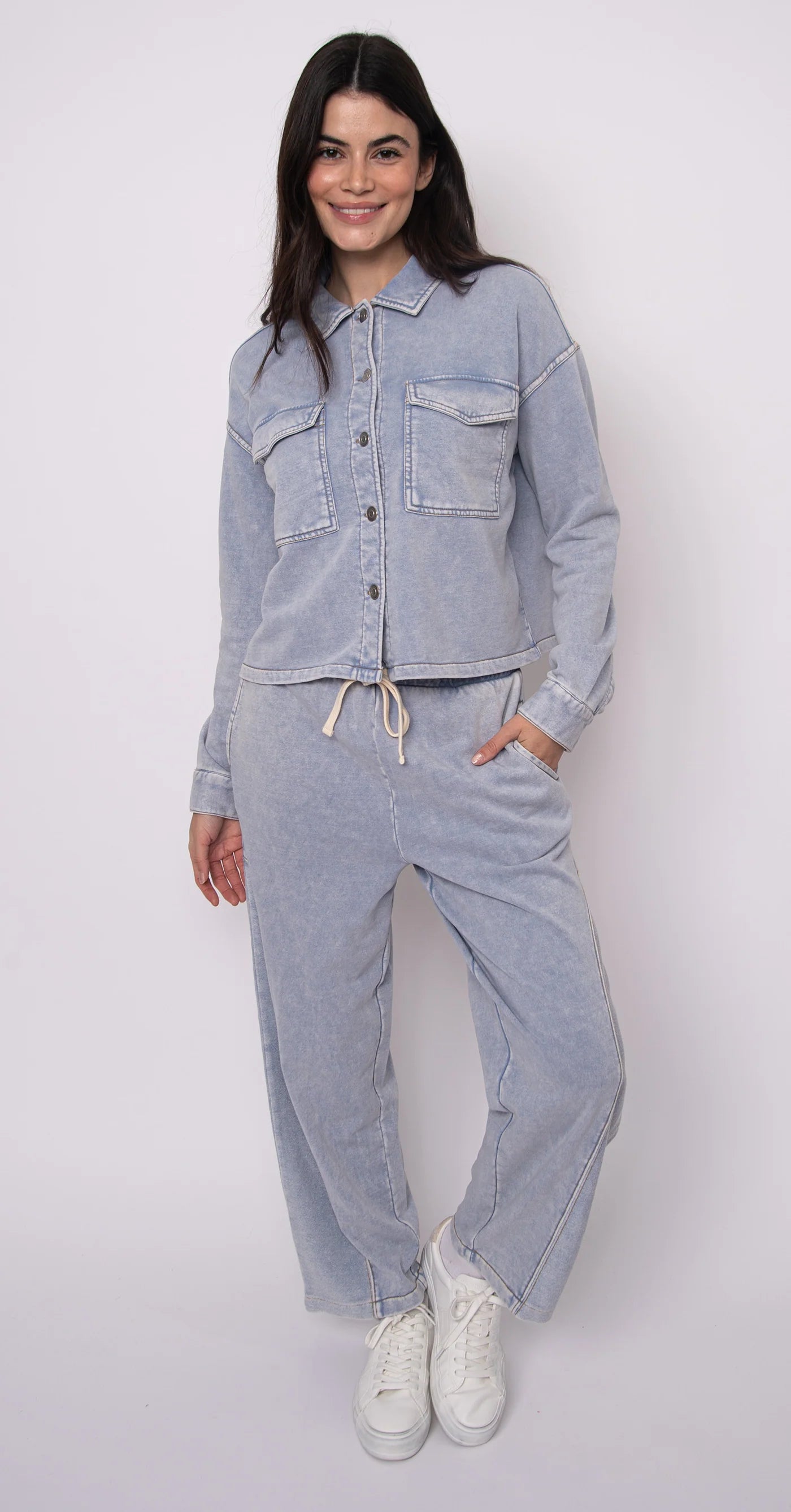 Nara French Terry Button Up-Light Blue