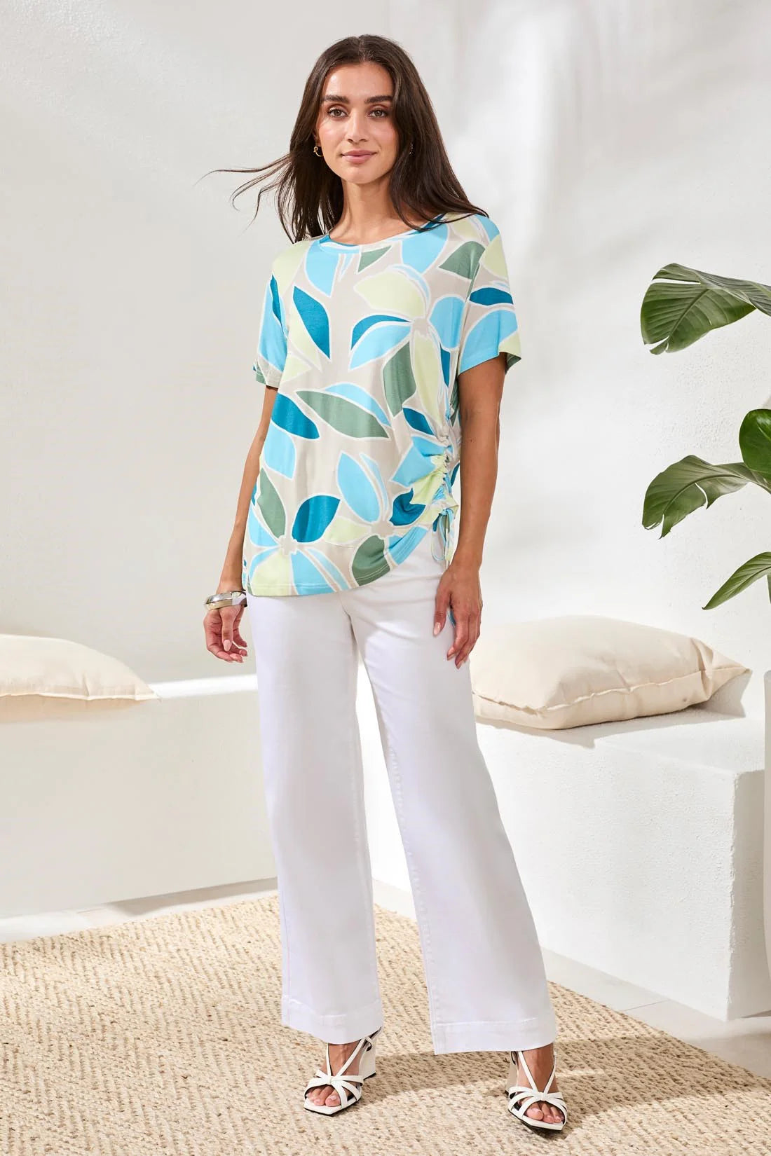 PRINTED JERSEY CREW NECK TOP WITH SIDE RUCHING-AQUA( final sale)