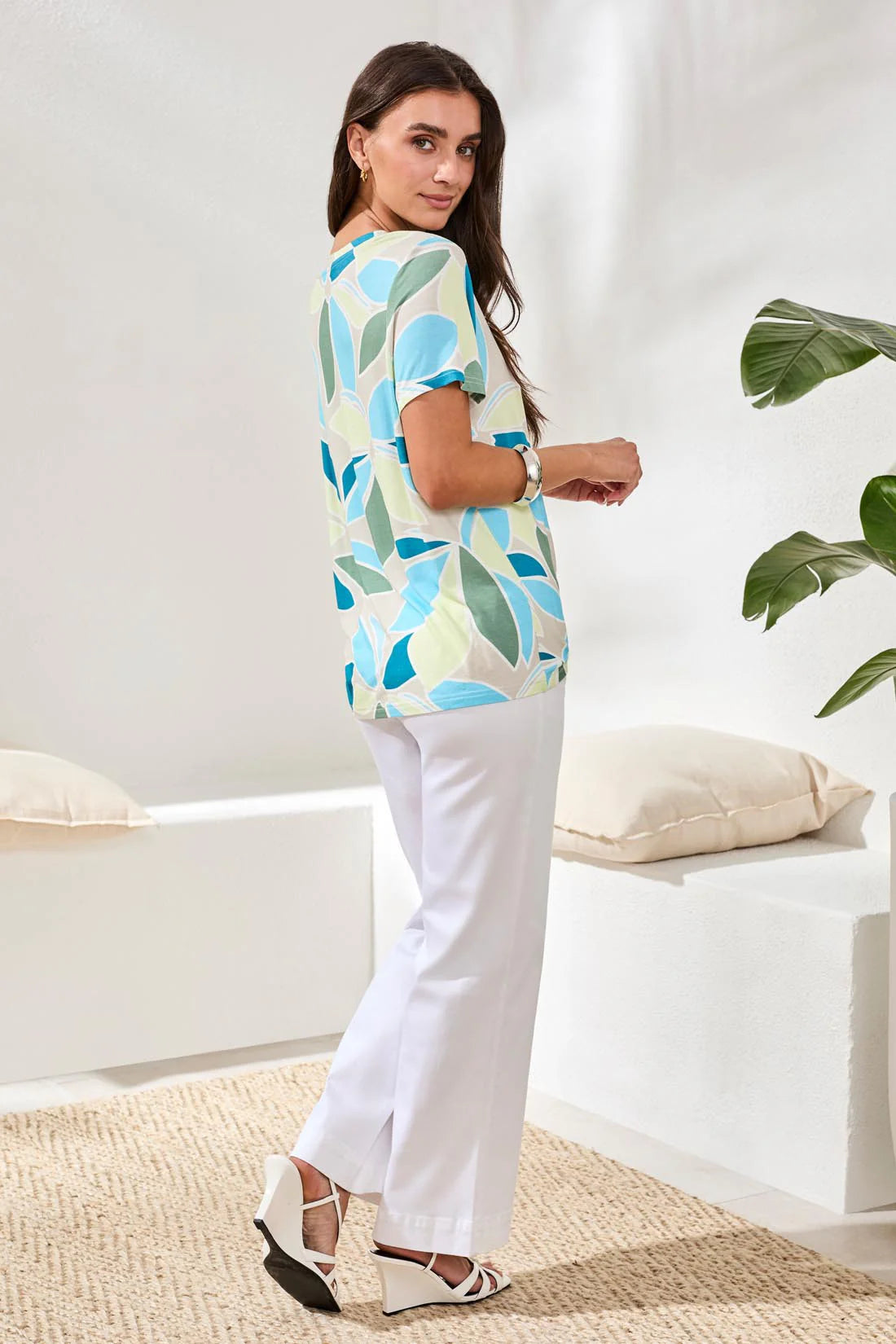 PRINTED JERSEY CREW NECK TOP WITH SIDE RUCHING-AQUA( final sale)