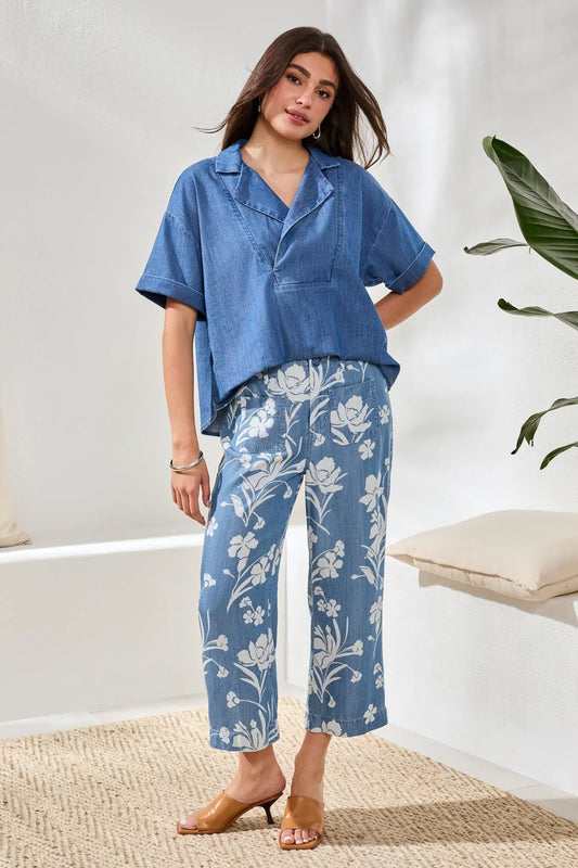 DRAPE DENIM PRINTED PANT-SEASIDE BLUE