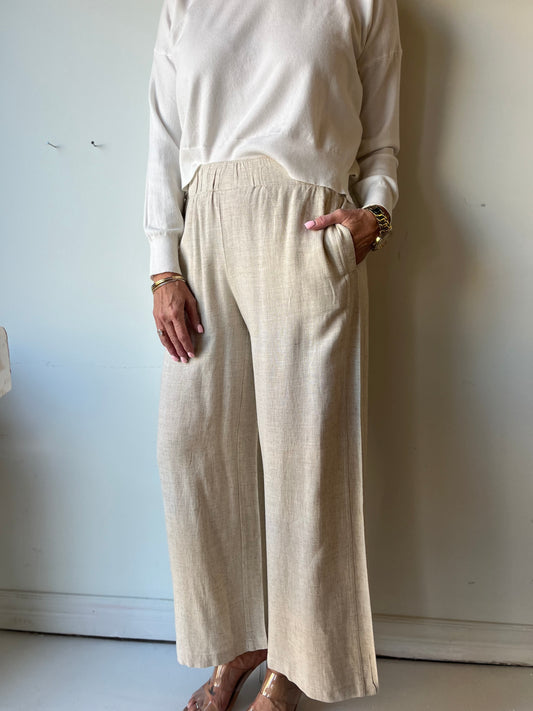 FLOWY LINEN WIDE LEG ANKLE PANT-CANVAS