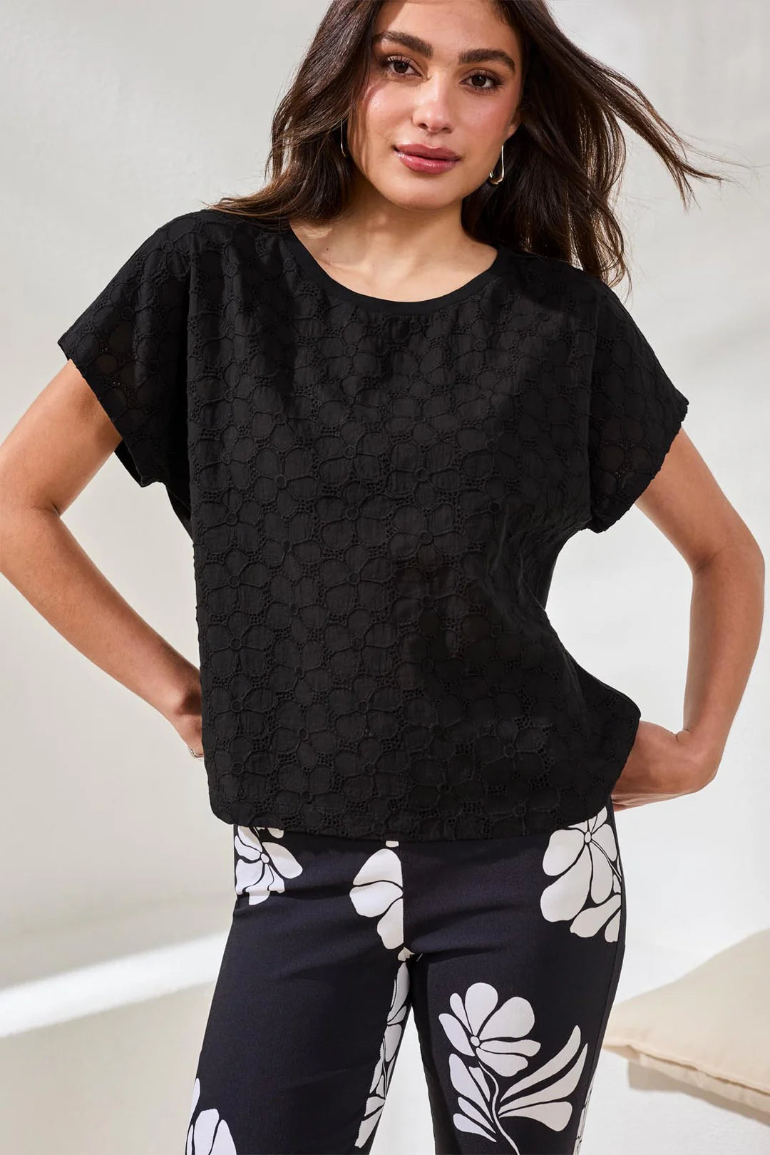 Cap Sleeve Crew Neck Top-Black