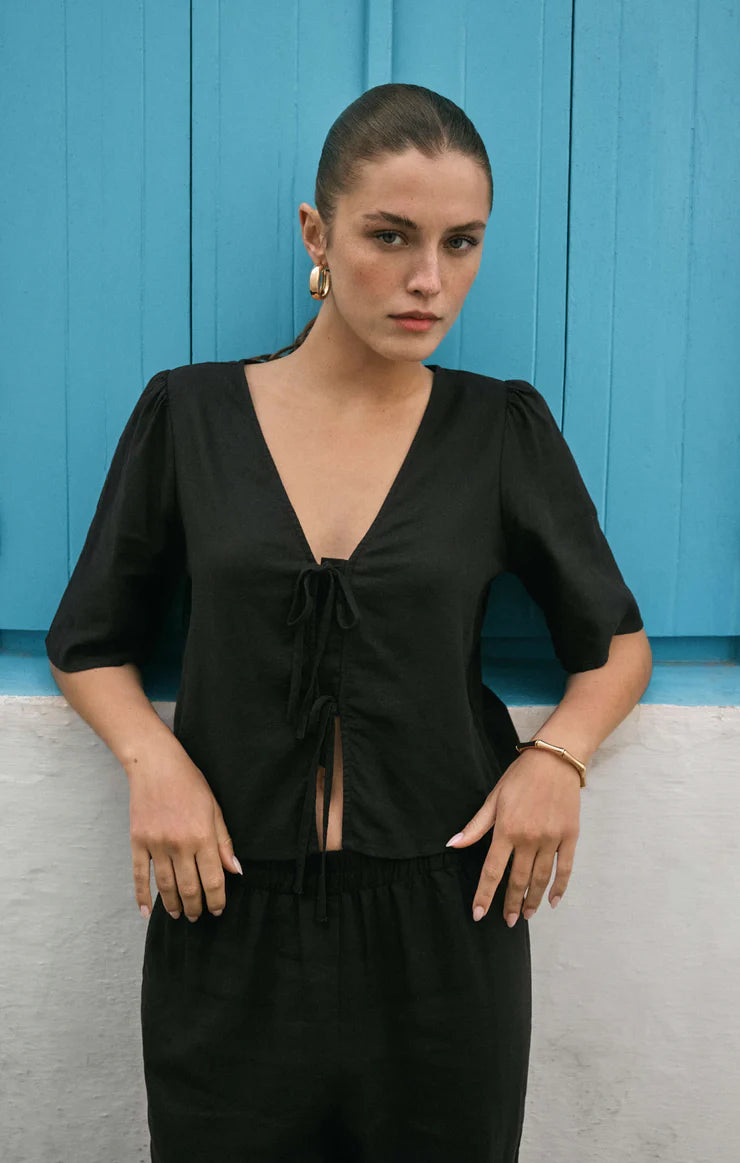 LA BELLE LINEN CROPPED TOP-BLACK