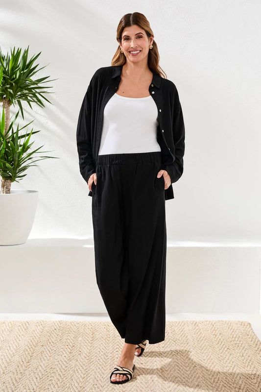 FLOWY LINEN WIDE LEG ANKLE PANT-BLACK