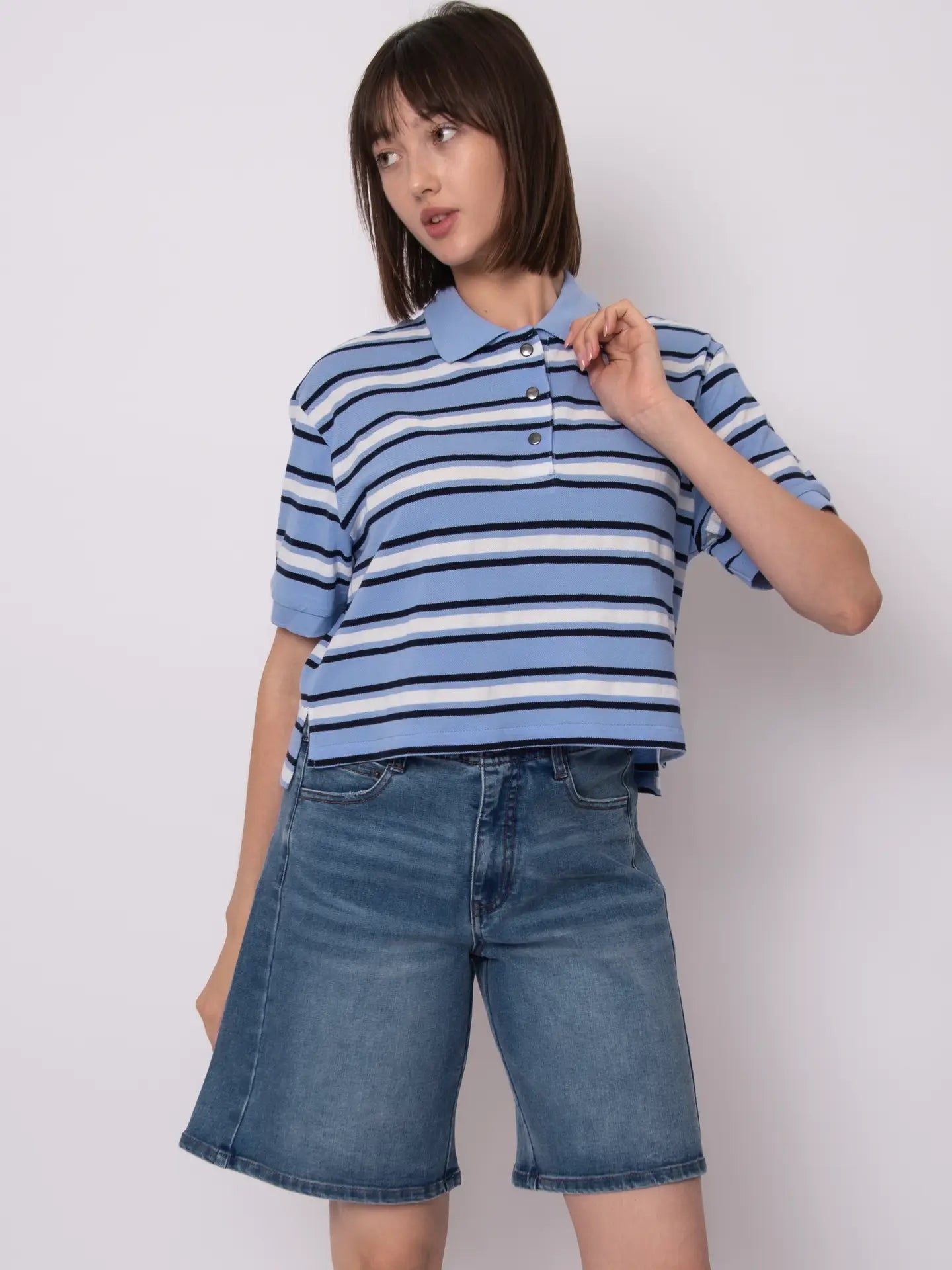 Jen Short Sleeve Polo Neck Top-Periwinkle(Final Sale)