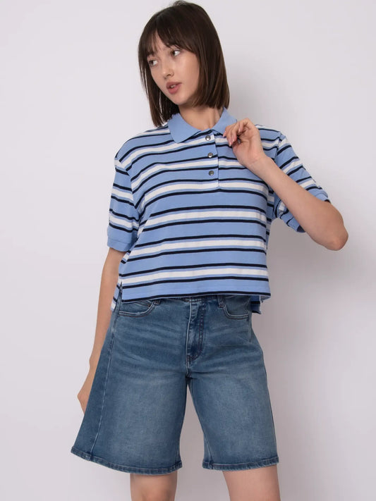 Jen Short Sleeve Polo Neck Top-Periwinkle(Final Sale)