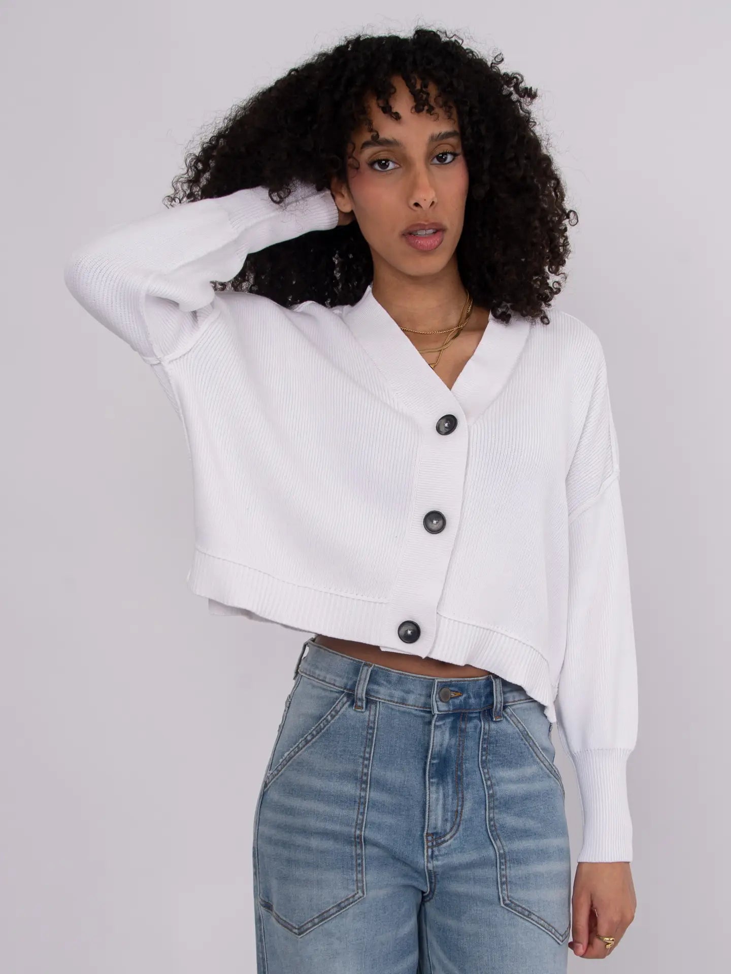 Sumire Long Sleeve V-Neck Cardigan-White