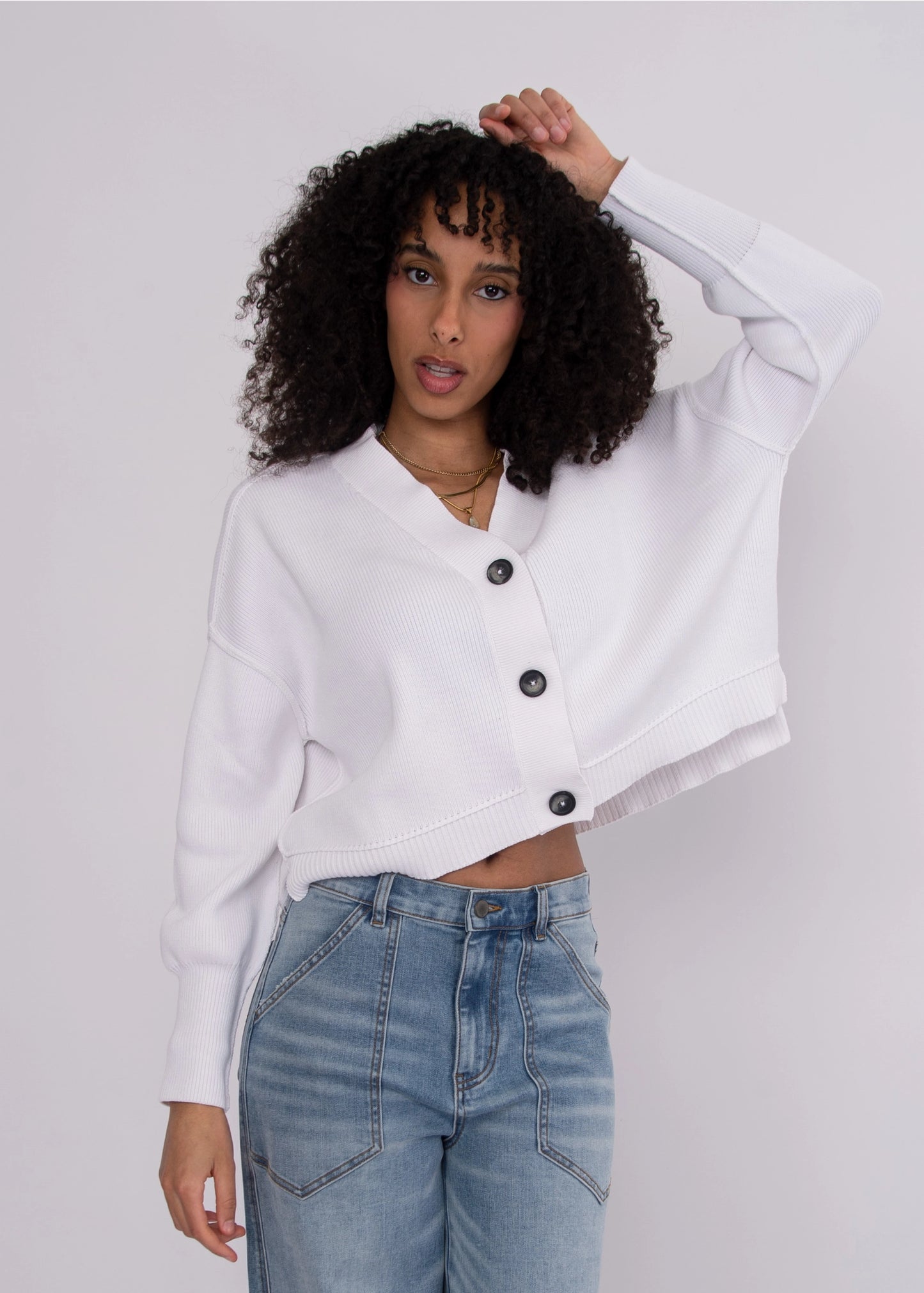 Sumire Long Sleeve V-Neck Cardigan-White