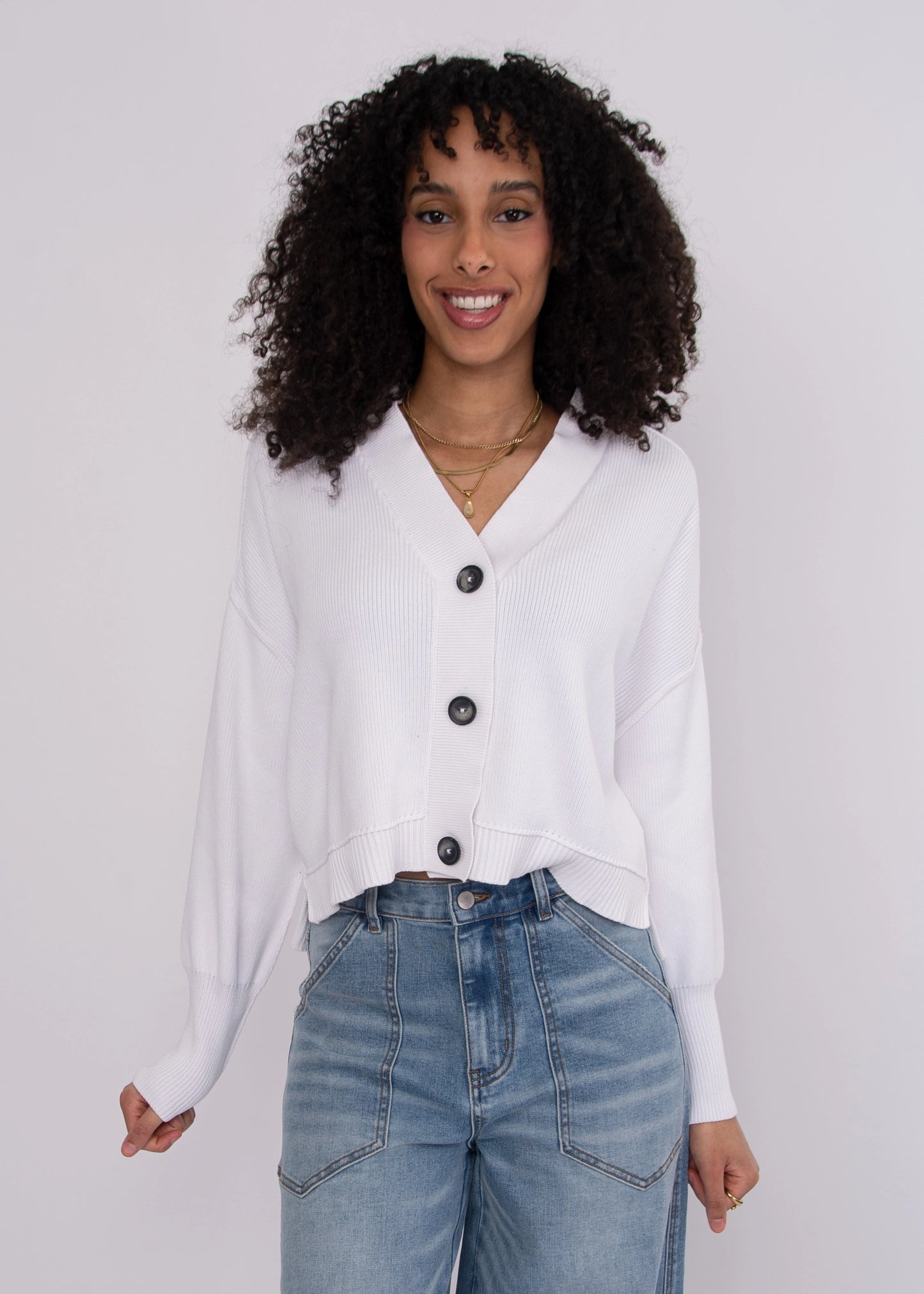 Sumire Long Sleeve V-Neck Cardigan-White