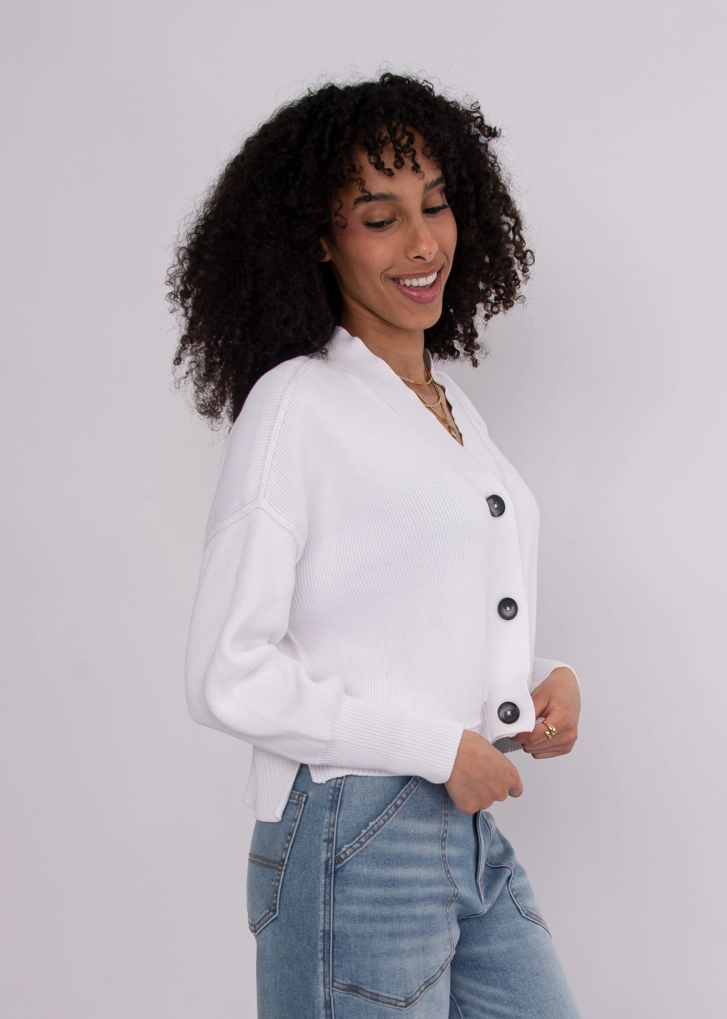 Sumire Long Sleeve V-Neck Cardigan-White