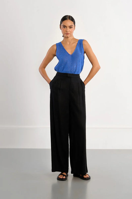 Wide linen trousers-Black