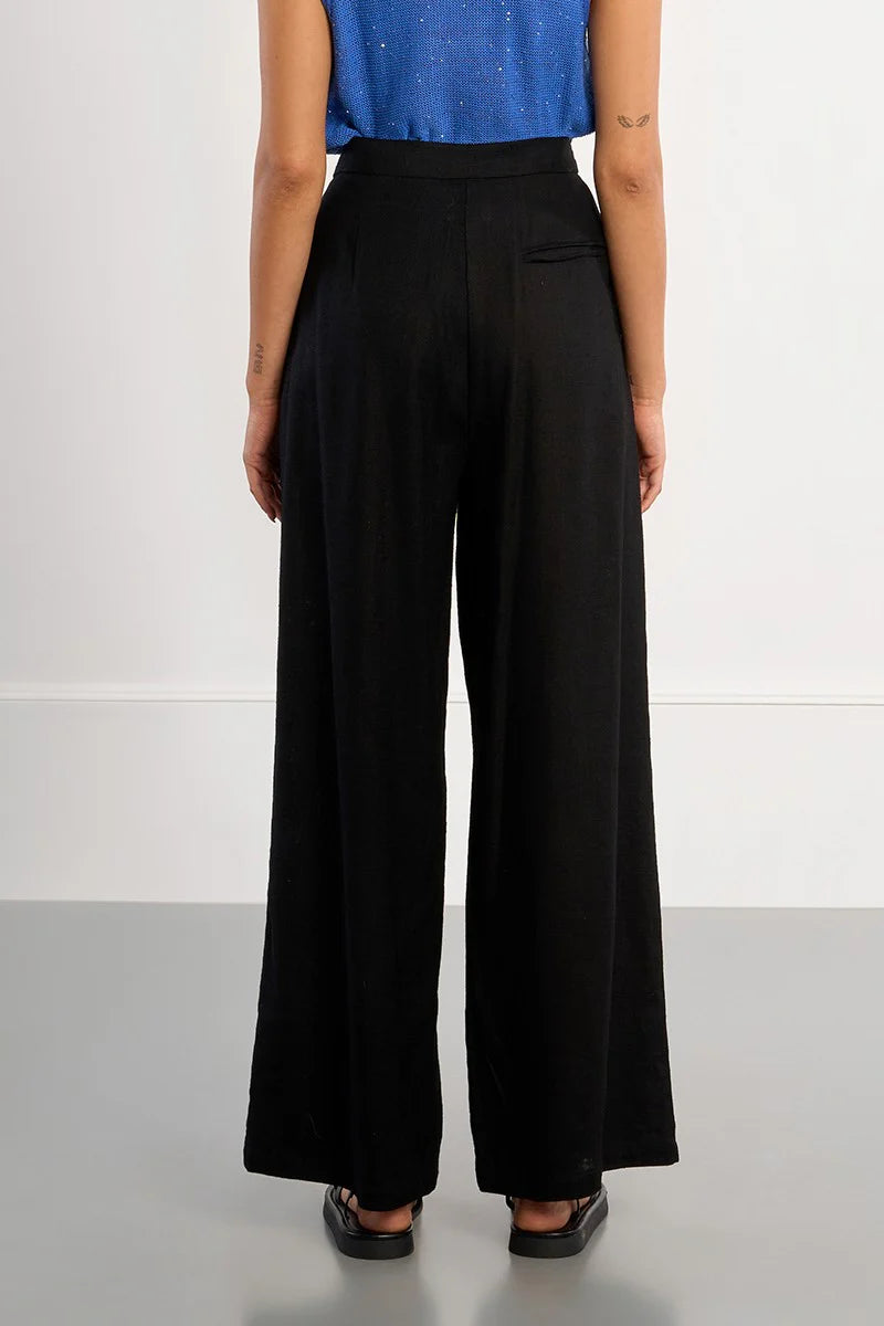 Wide linen trousers-Black