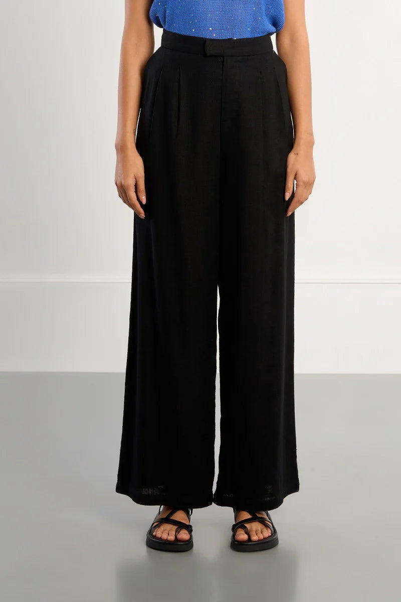 Wide linen trousers-Black