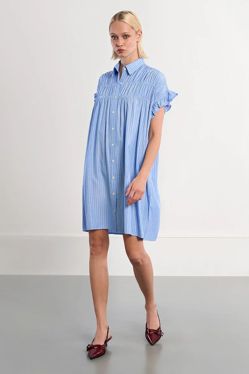 Cotton shirt dress, smocked-Blue