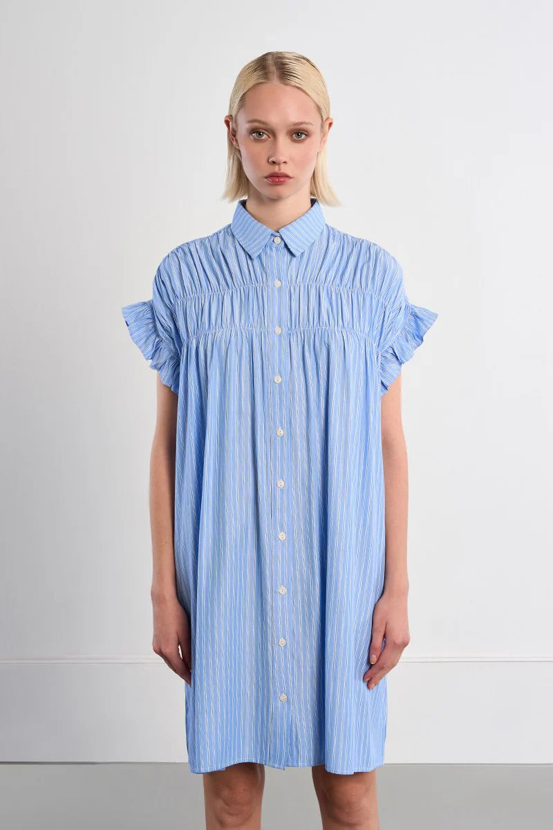 Cotton shirt dress, smocked-Blue