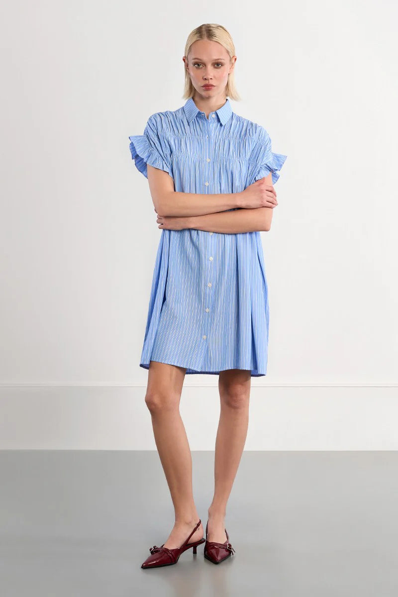 Cotton shirt dress, smocked-Blue