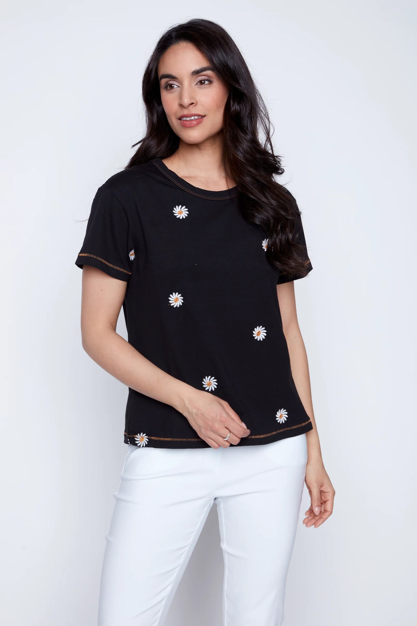 Daisy Embroidered Short Sleeve Knit Top