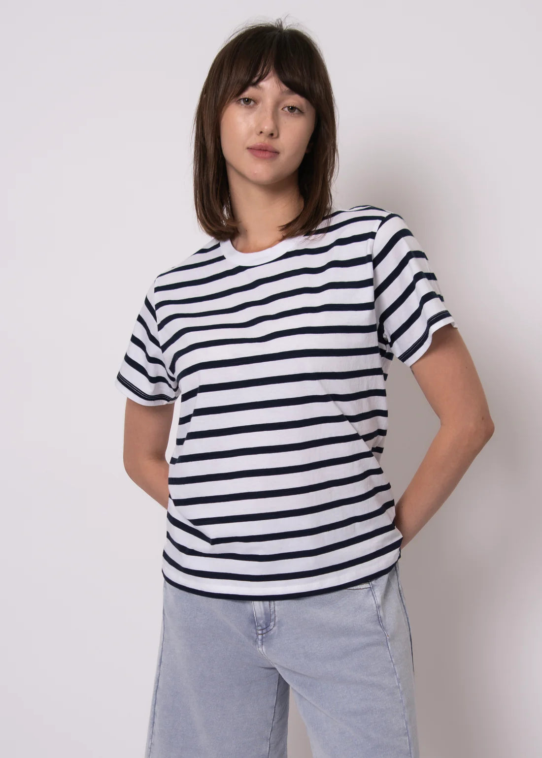 CREW NECK COTTON STRIPE TEE - NAVY/WHITE