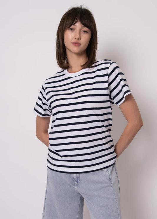 CREW NECK COTTON STRIPE TEE - NAVY/WHITE