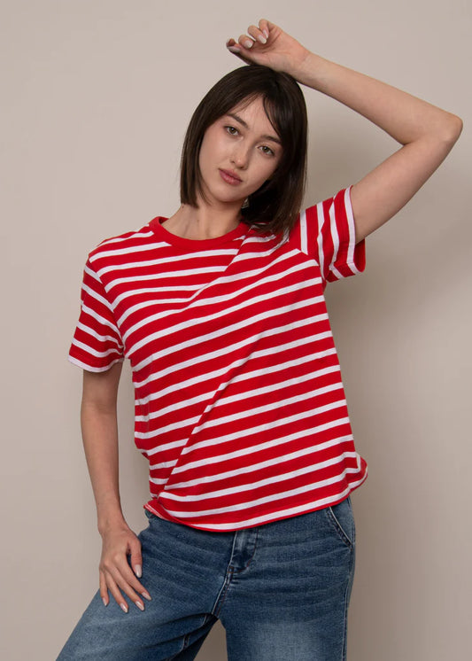 CREW NECK COTTON STRIPE TEE -Cherry