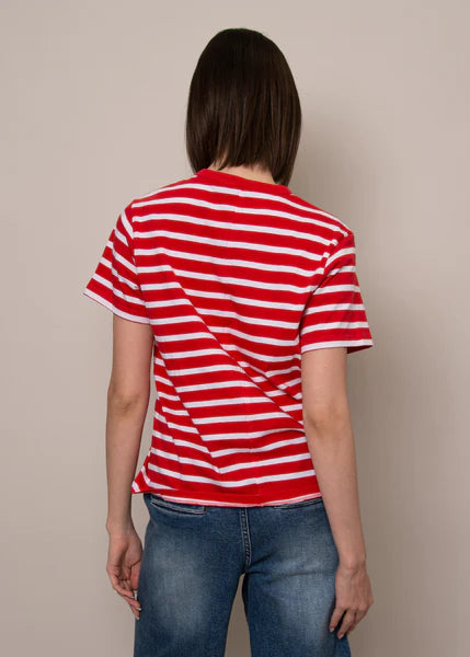 CREW NECK COTTON STRIPE TEE -Cherry