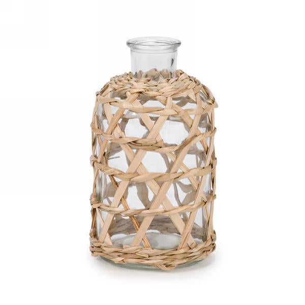 Glass vase with natural weave trim-Small