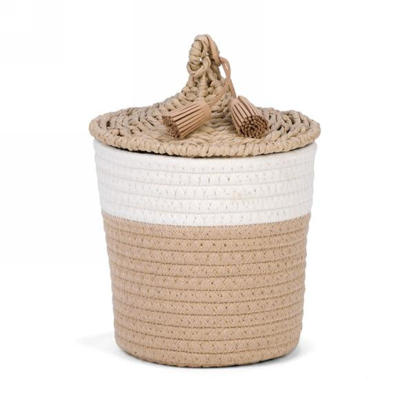 White & natural basket with lid & tassel