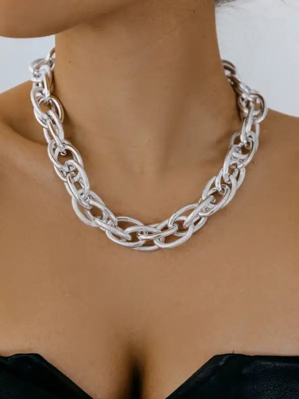Chunky Hollow Link Necklaces -Silver