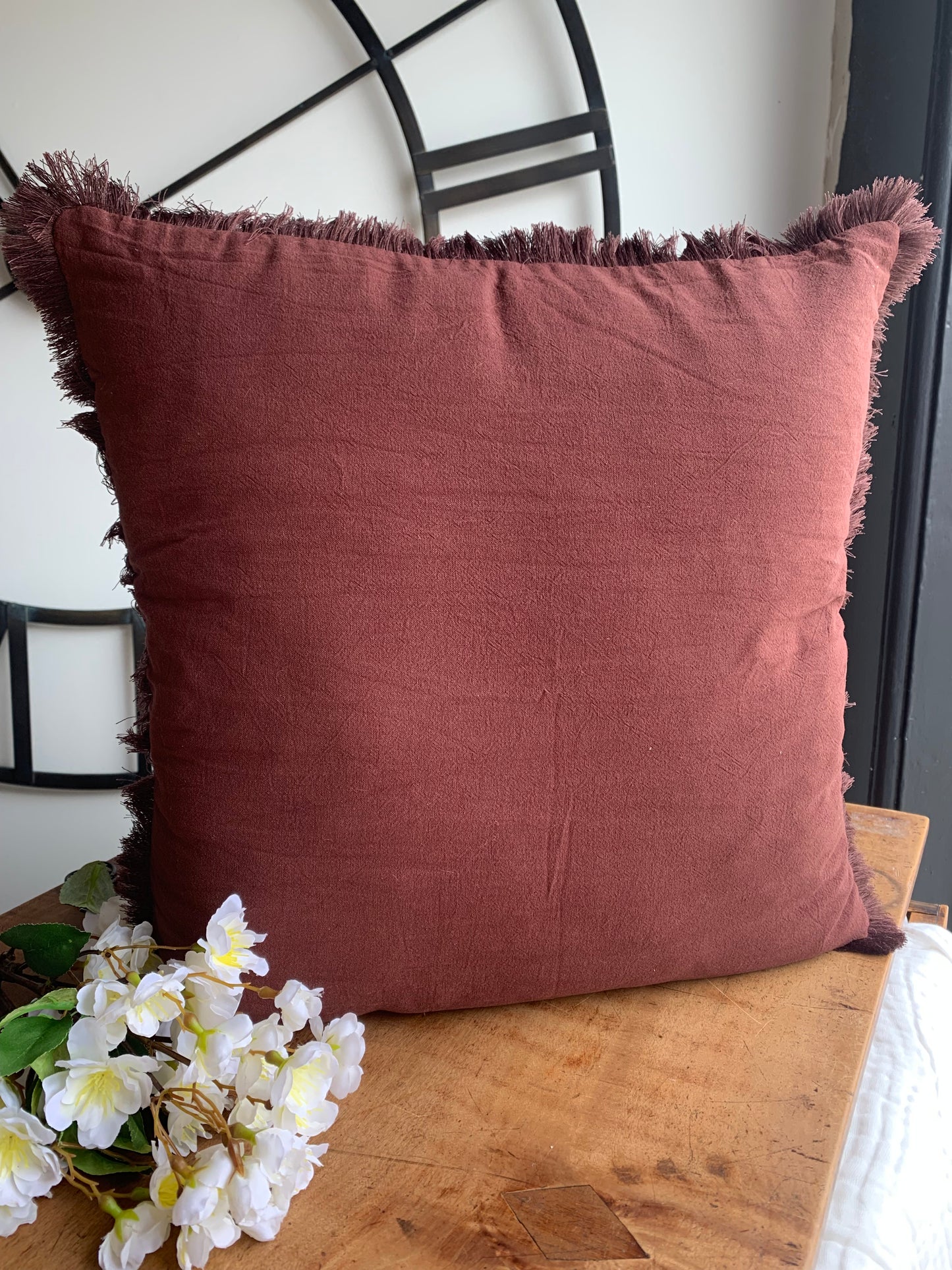 Boho Fringed Cushion-Dark Brown