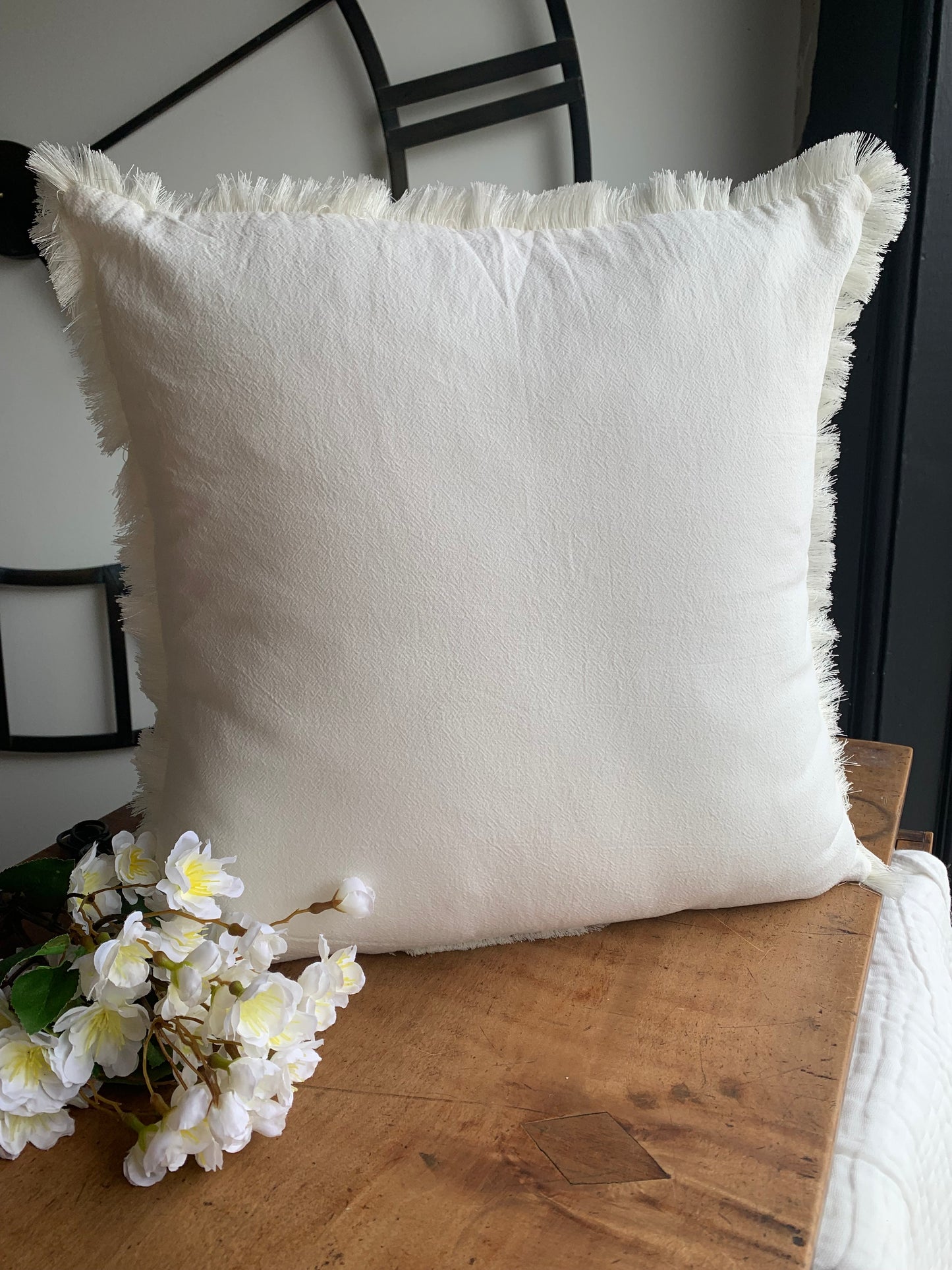 Boho Fringed Cushion-Cream