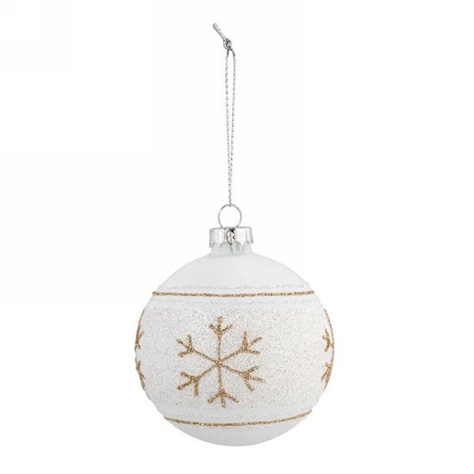 White ball orn with gold snowflakes 4”