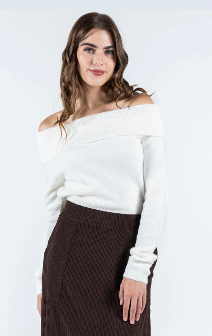 Off Shoulder Light Weight Sweater-Ivory