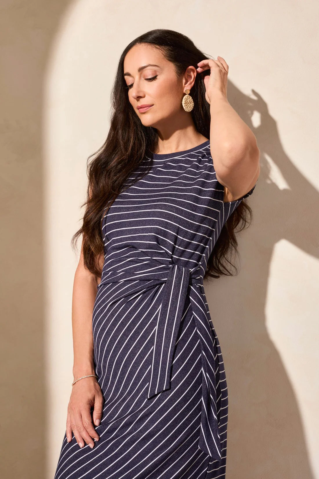 WAIST TIE NAUTICAL STRIPED FRENCH TERRY DRESS