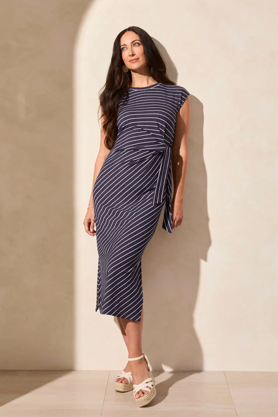 WAIST TIE NAUTICAL STRIPED FRENCH TERRY DRESS