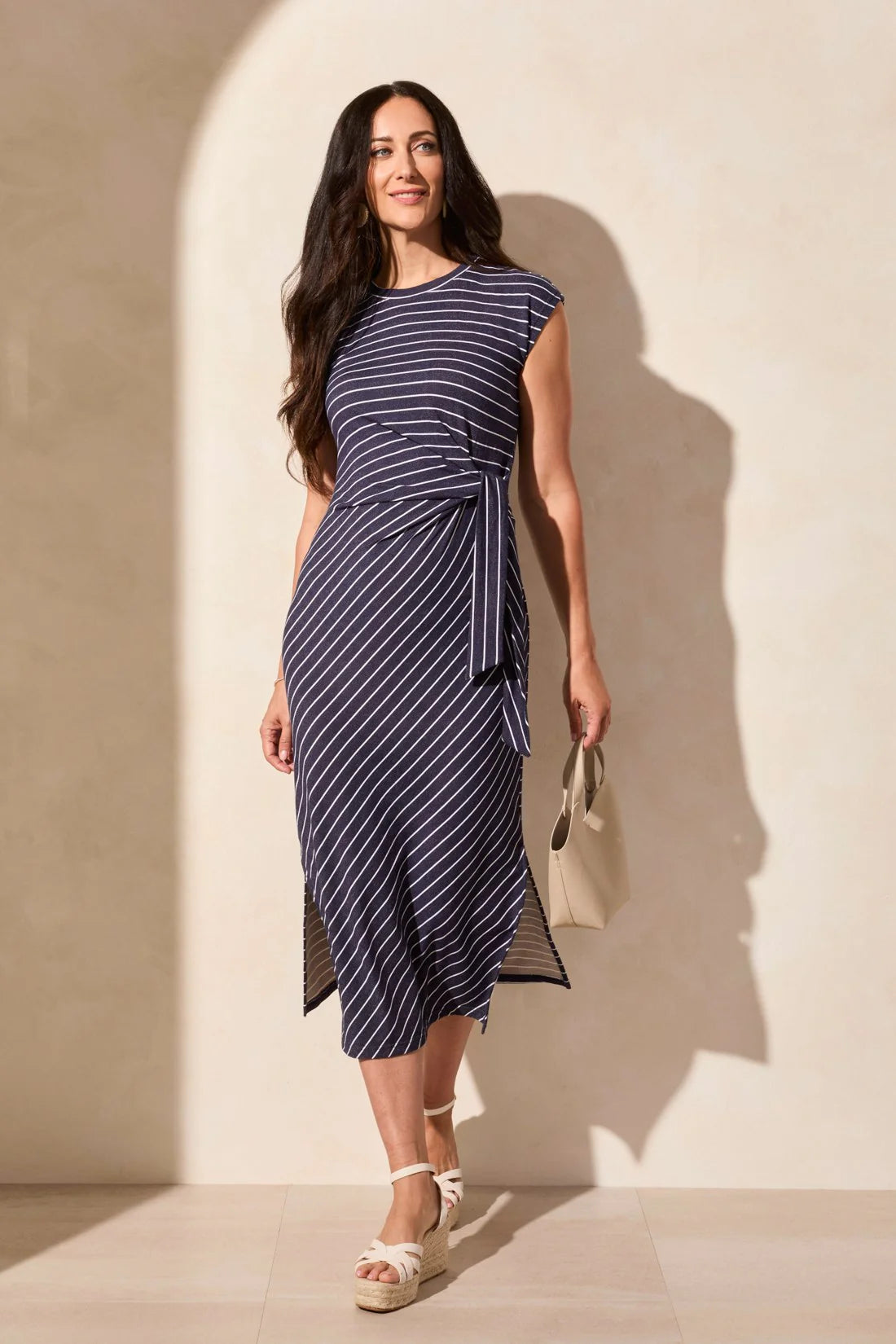 WAIST TIE NAUTICAL STRIPED FRENCH TERRY DRESS